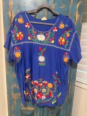 Hand-Embroidered Floral Peasant Blouse - Royal Blue
